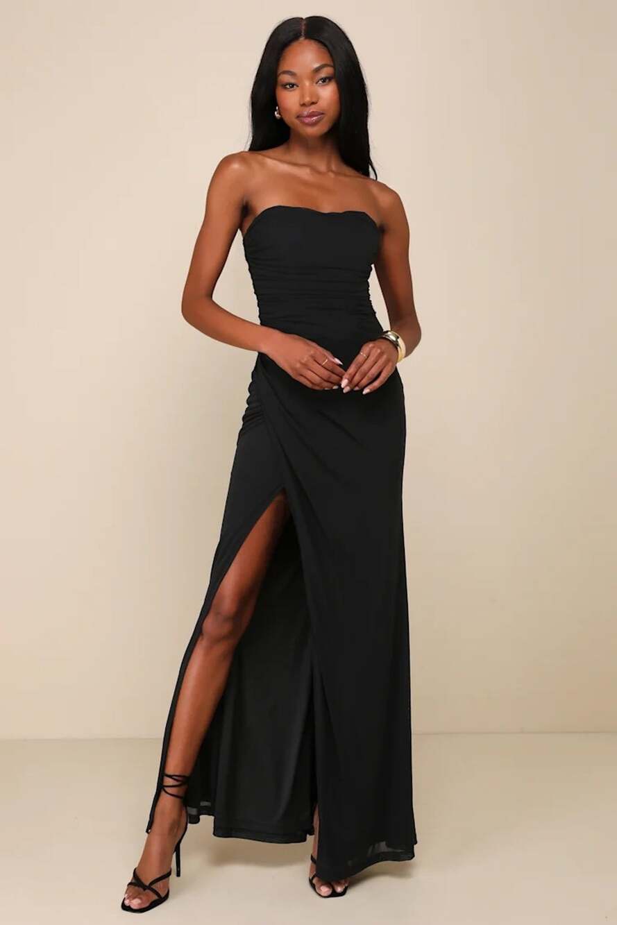 Lulus Epitome of Allure Black Mesh Strapless Ruched Maxi Dress Bridesmaid Size S